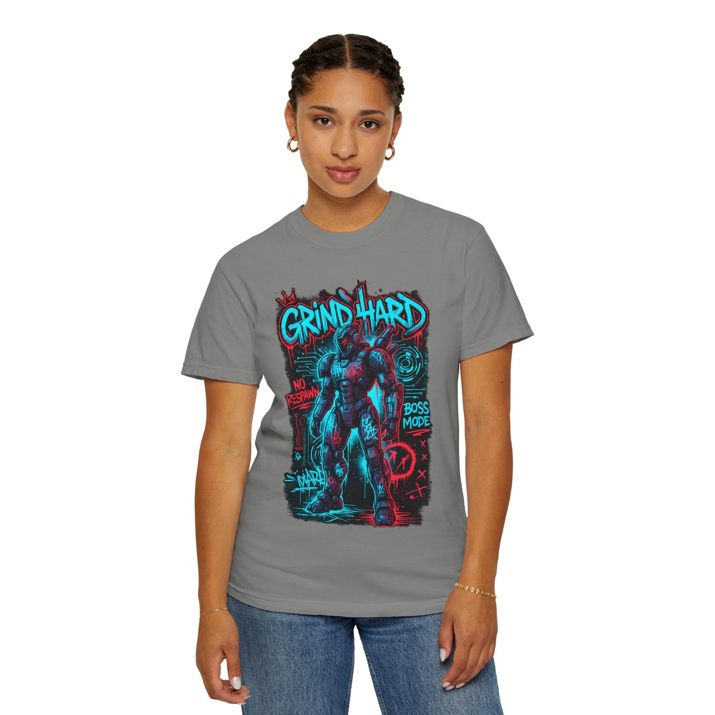 Grind Hard Gamer Warrior T-shirt | Neon Retro Gym Graphic