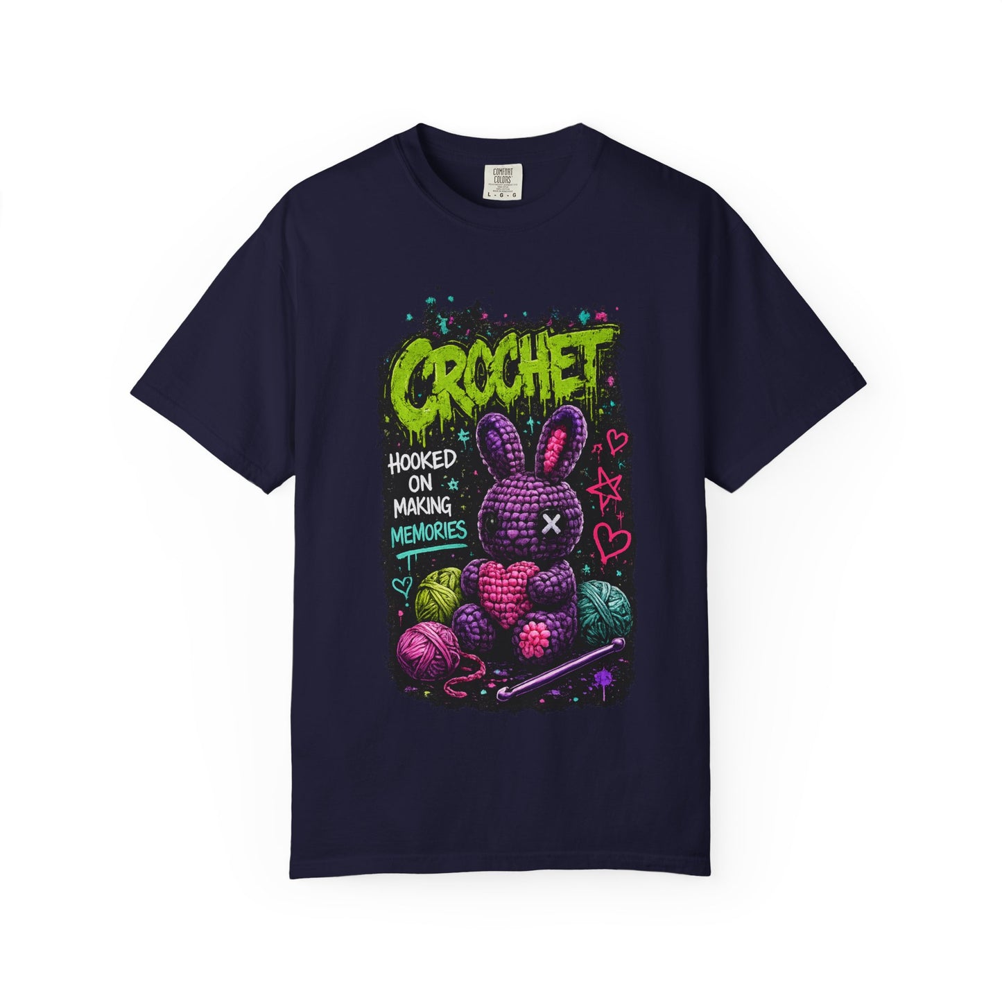 Crochet Bunny Graphic T-Shirt — “Hooked on Making Memories”