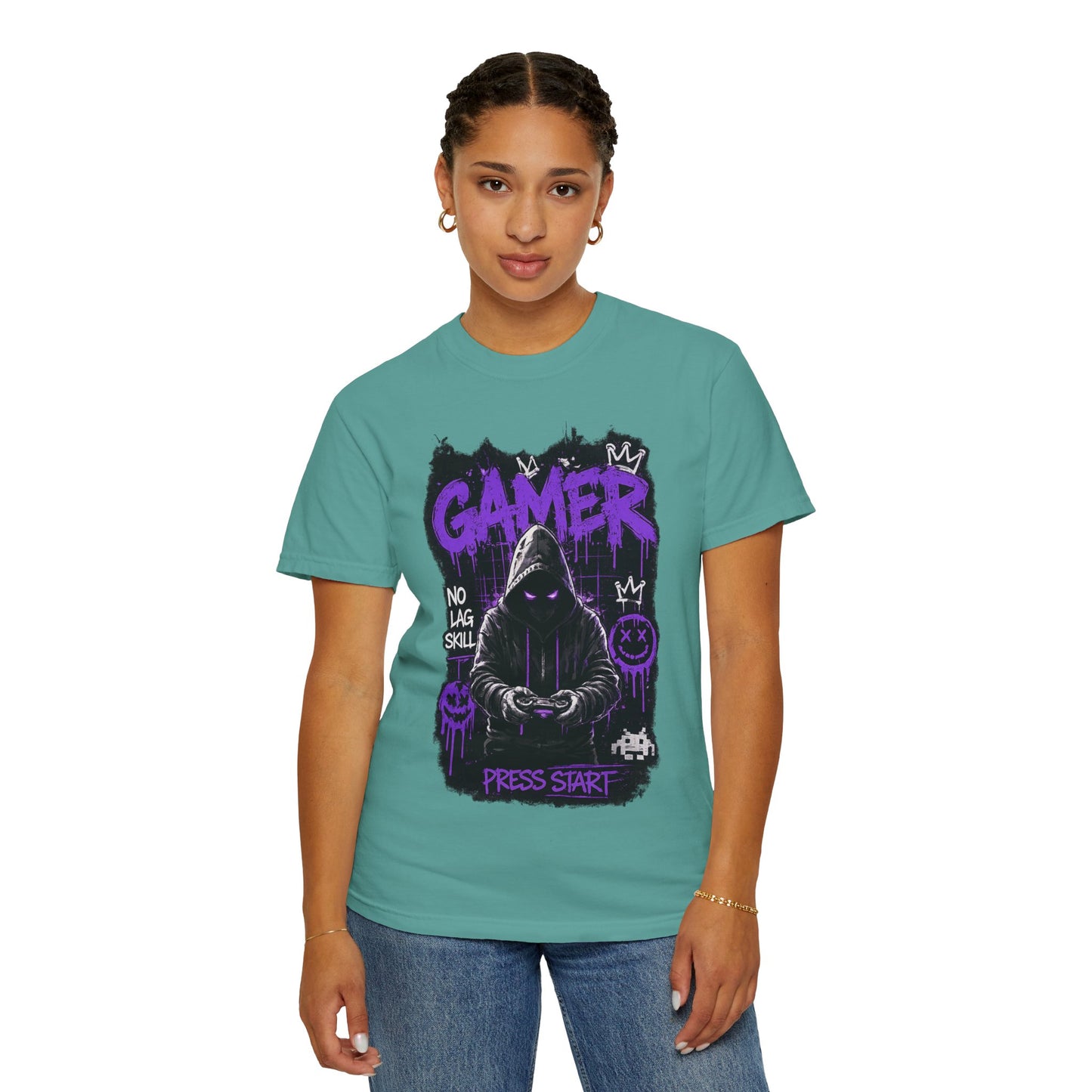 Gamer Hoodie Skull T‑Shirt — 'GAMER' Purple Graphic Press Start Tee