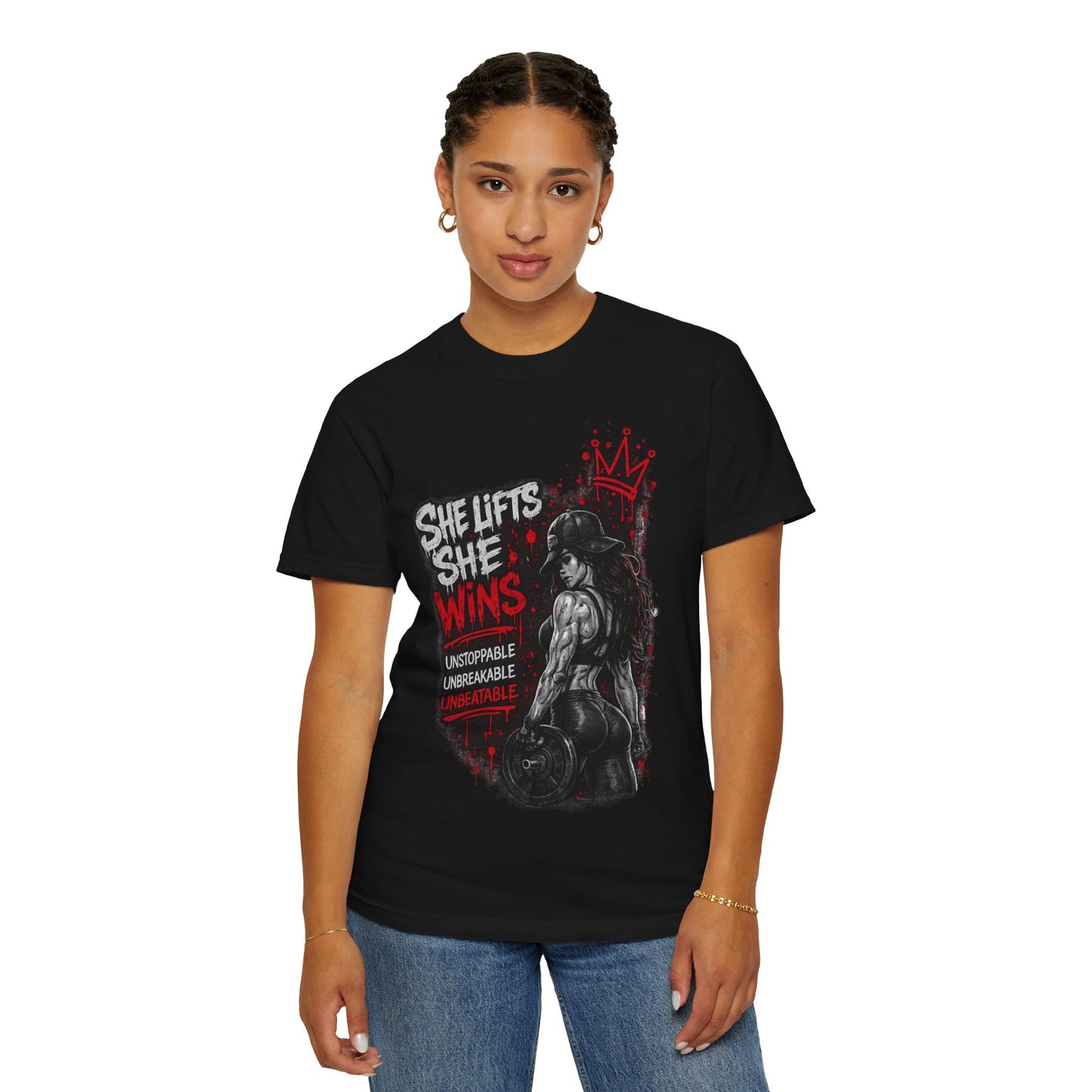 She Lifts She Wins T-Shirt — Women’s Strength Fitness Graphic Tee