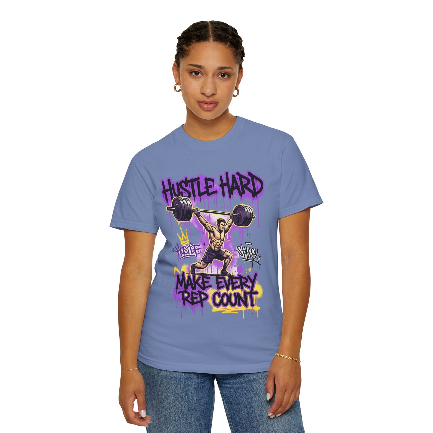 Hustle Hard Make Every Rep Count T-Shirt | Weightlifting Gym Graphic