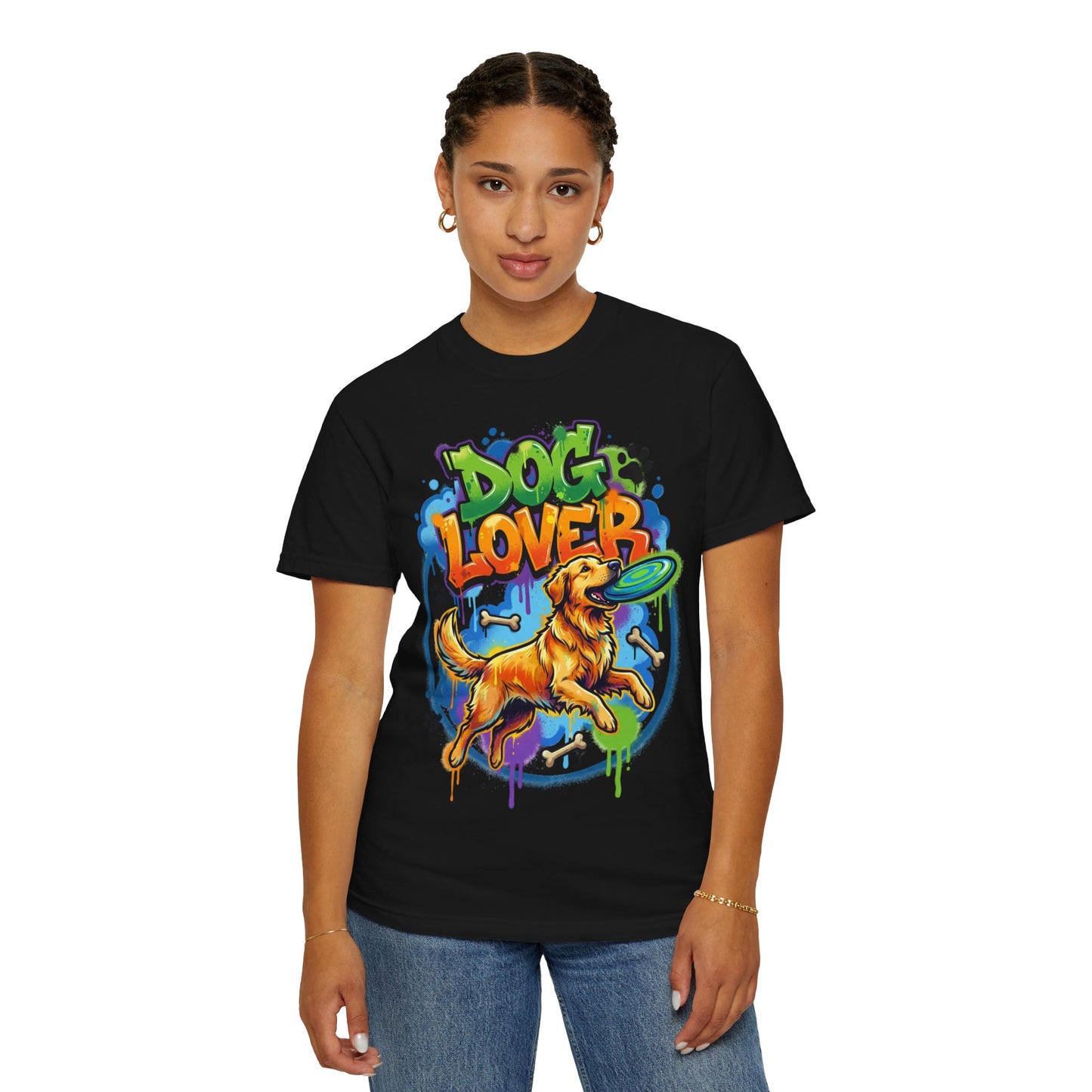 Dog Lover T-Shirt — Colorful Golden Retriever Frisbee Graphic Tee
