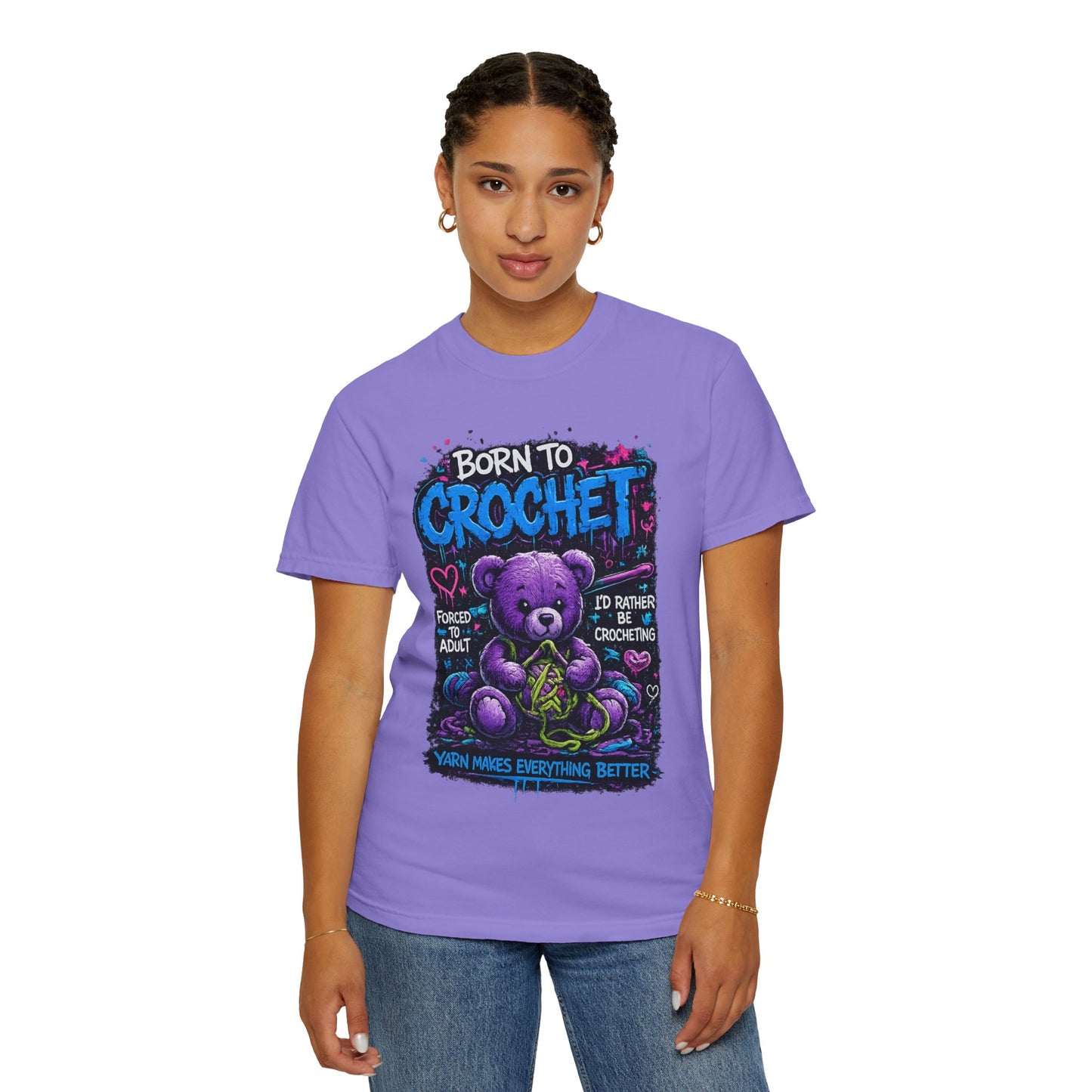 Born to Crochet T-Shirt — Cute Purple Teddy Crocheting Tee