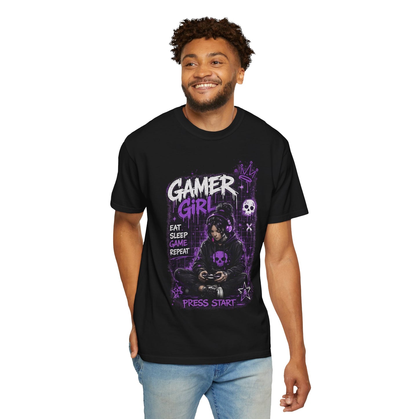 Gamer Girl T-Shirt — Retro Purple Gaming Graphic Tee ("Eat Sleep Game Repeat")