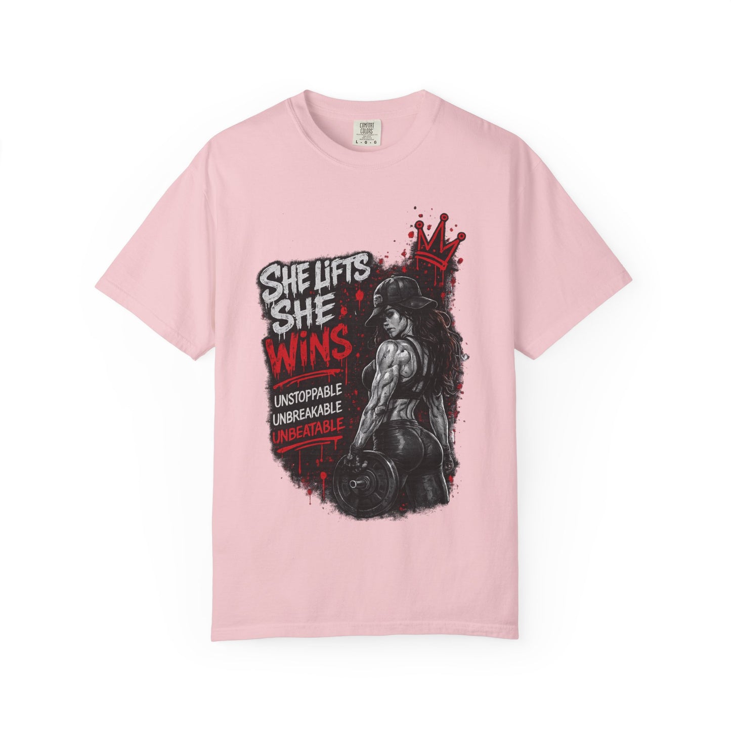 She Lifts She Wins T-Shirt — Women’s Strength Fitness Graphic Tee