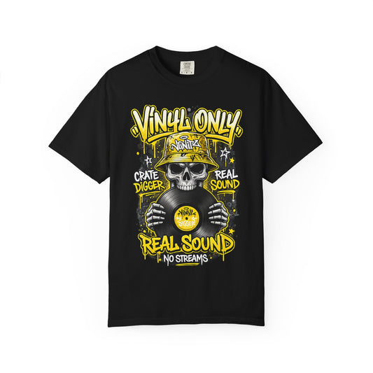 Vinyl Only Skull T-Shirt – "Real Sound, No Streams" Retro DJ Tee