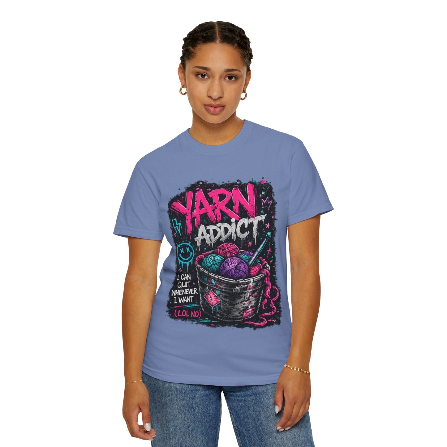 Yarn Addict T-Shirt — Funny Knitting/Crochet Graphic Tee ("I Can Quit Whenever I Want")