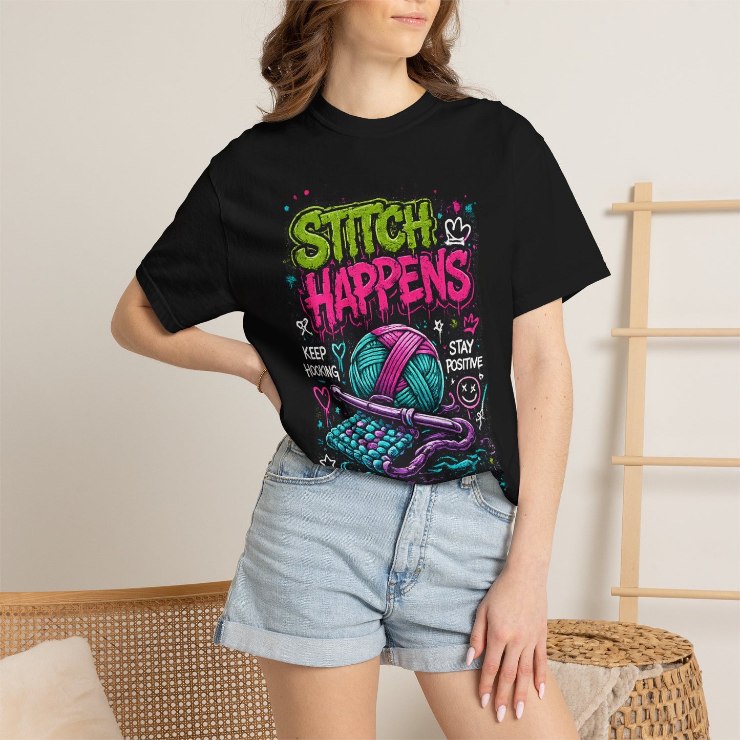 Stitch Happens T-Shirt — Funny Knitting & Crochet Graphic Tee