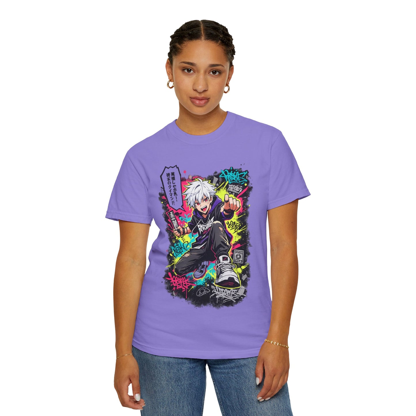 Anime Streetwear T-Shirt — Neon Urban Character Design with Japanese Text