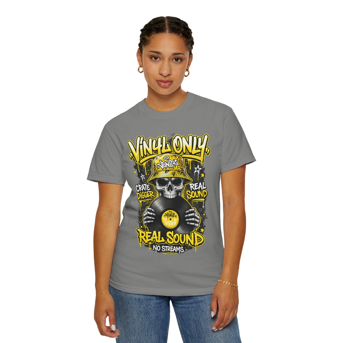 Vinyl Only Skull T-Shirt – "Real Sound, No Streams" Retro DJ Tee