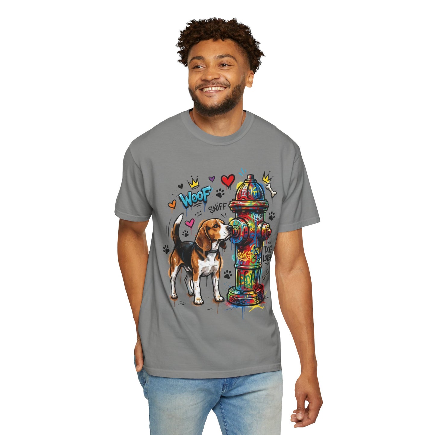 Beagle Dog Lover T-Shirt — Colorful Hydrant & 'Woof Sniff' Graphic