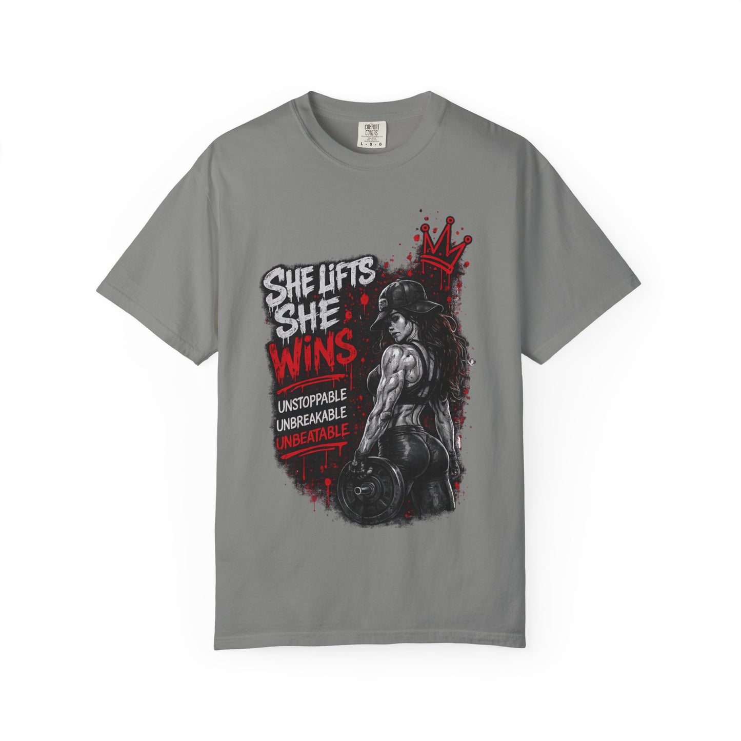 She Lifts She Wins T-Shirt — Women’s Strength Fitness Graphic Tee