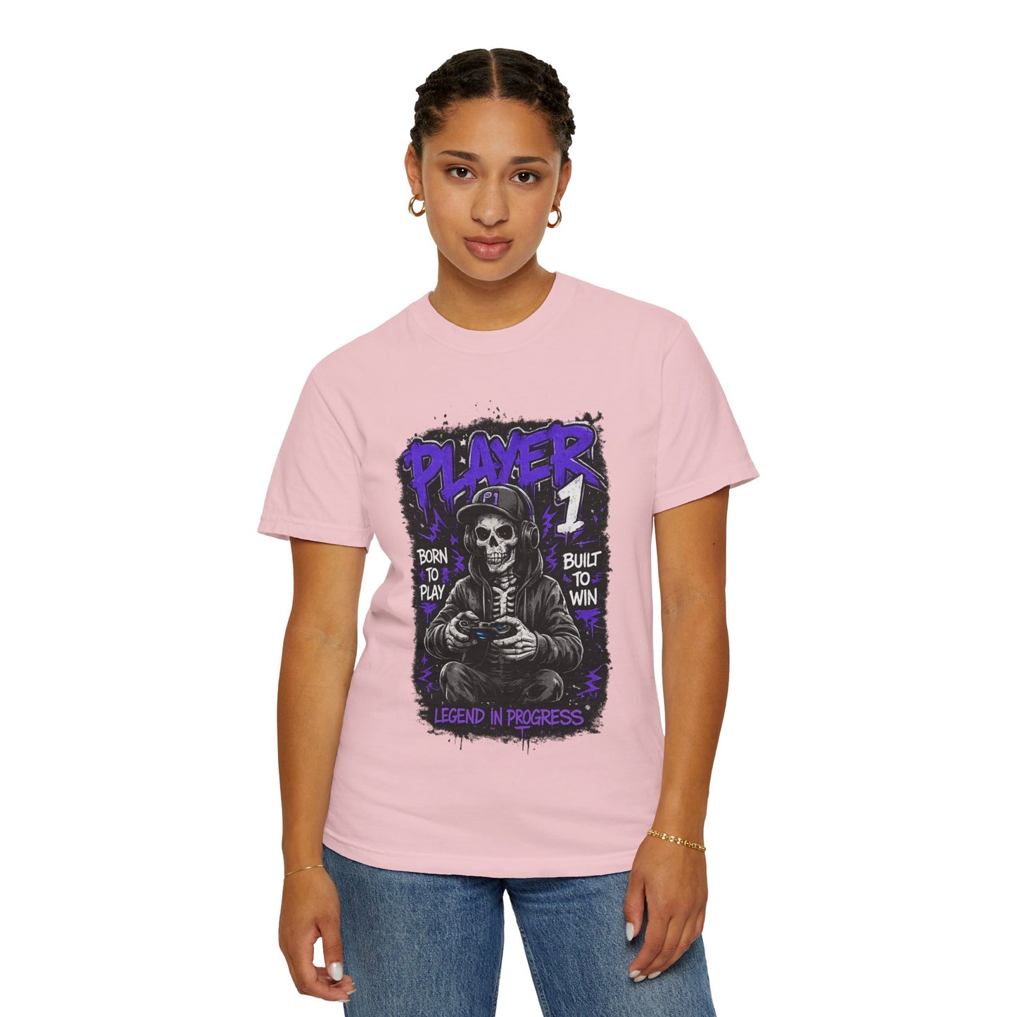 Grim Reaper Gamer Player 1 T-Shirt | Skull Skeleton Video Game Graphic