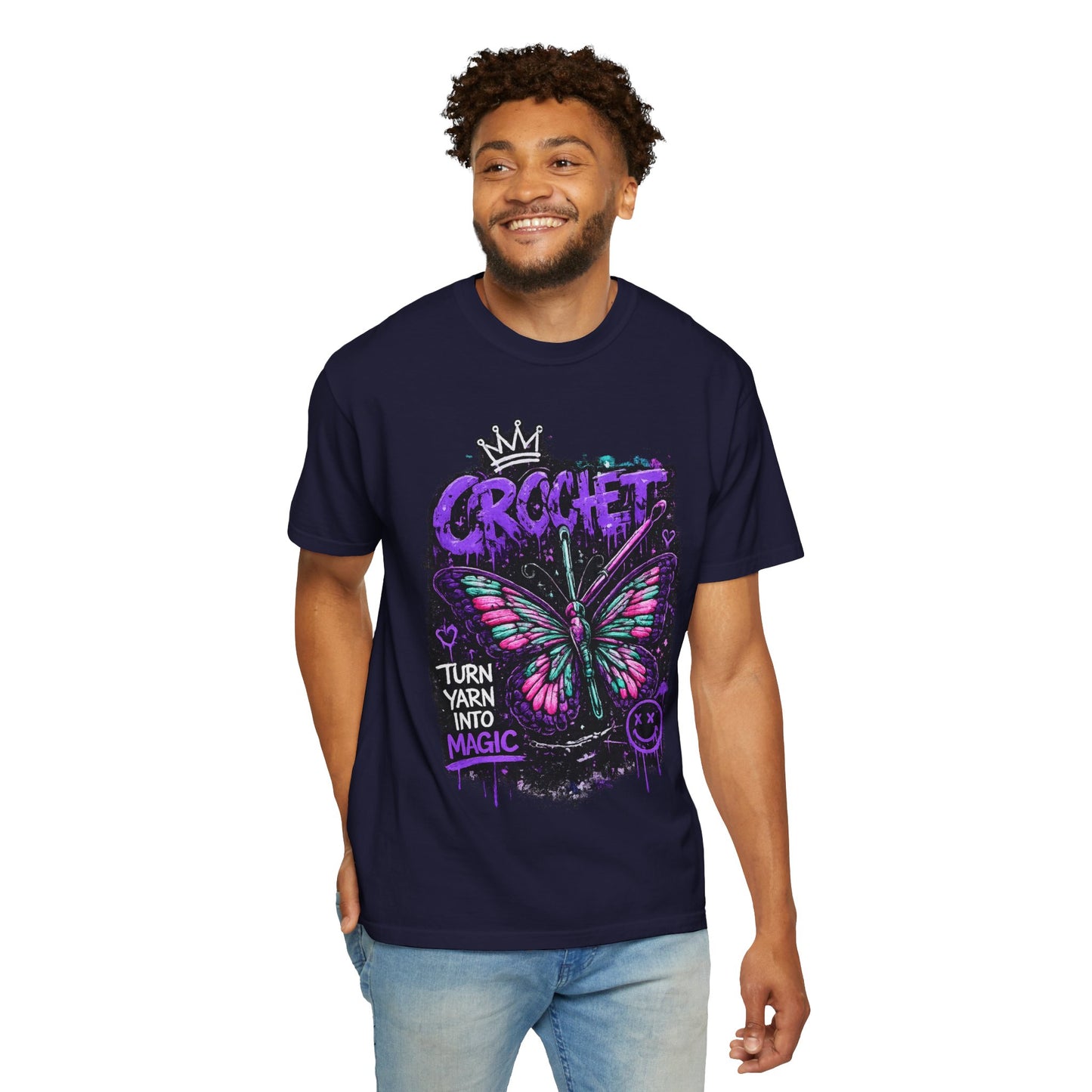 Crochet Butterfly T-Shirt — "Turn Yarn Into Magic" Graphic Tee