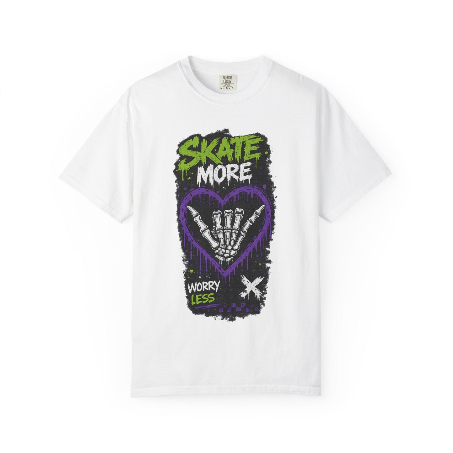 Skate More Worry Less T-Shirt — Skateboard Skeleton Hand Graphic Tee