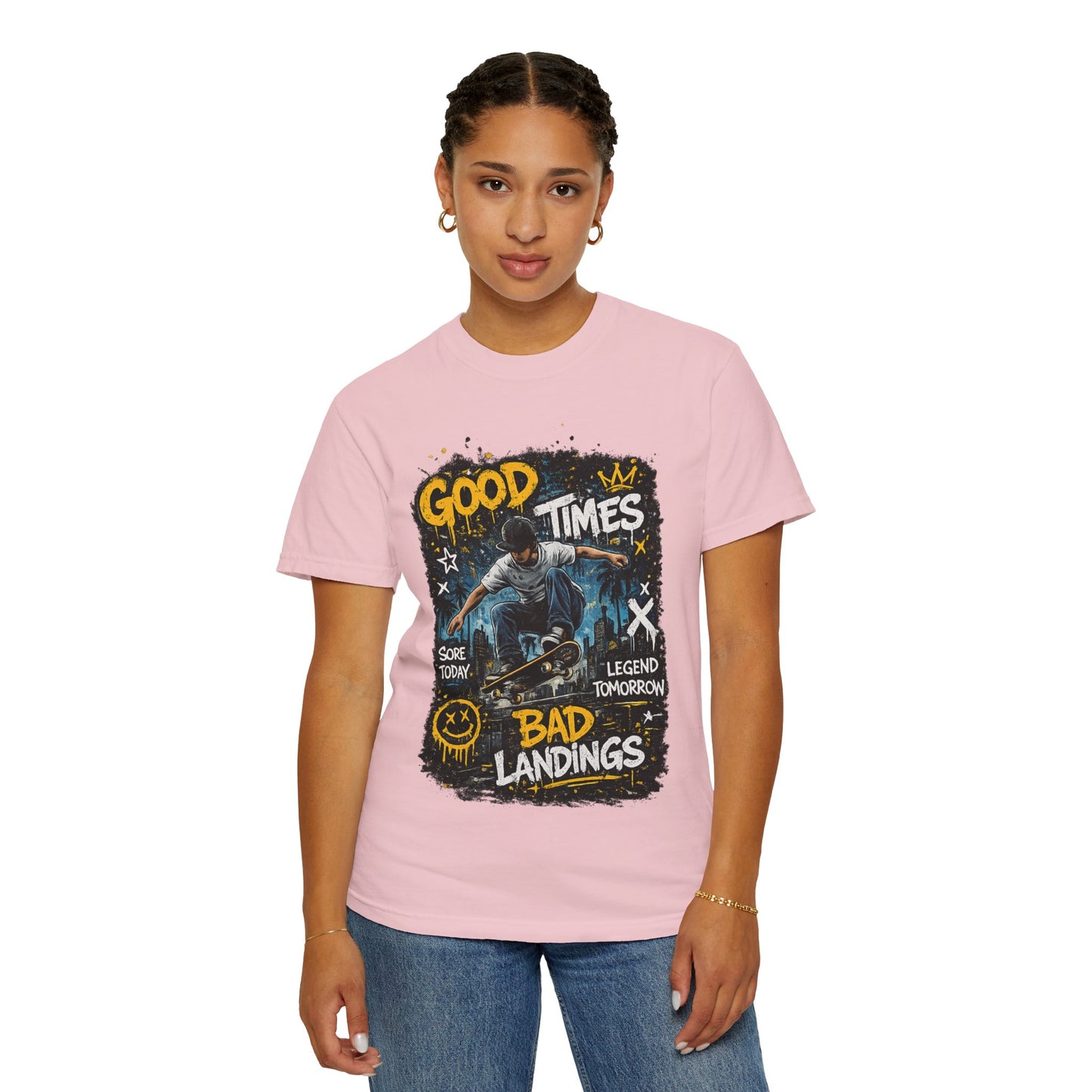 Skateboard T-Shirt — "Good Times, Bad Landings" Graphic Tee