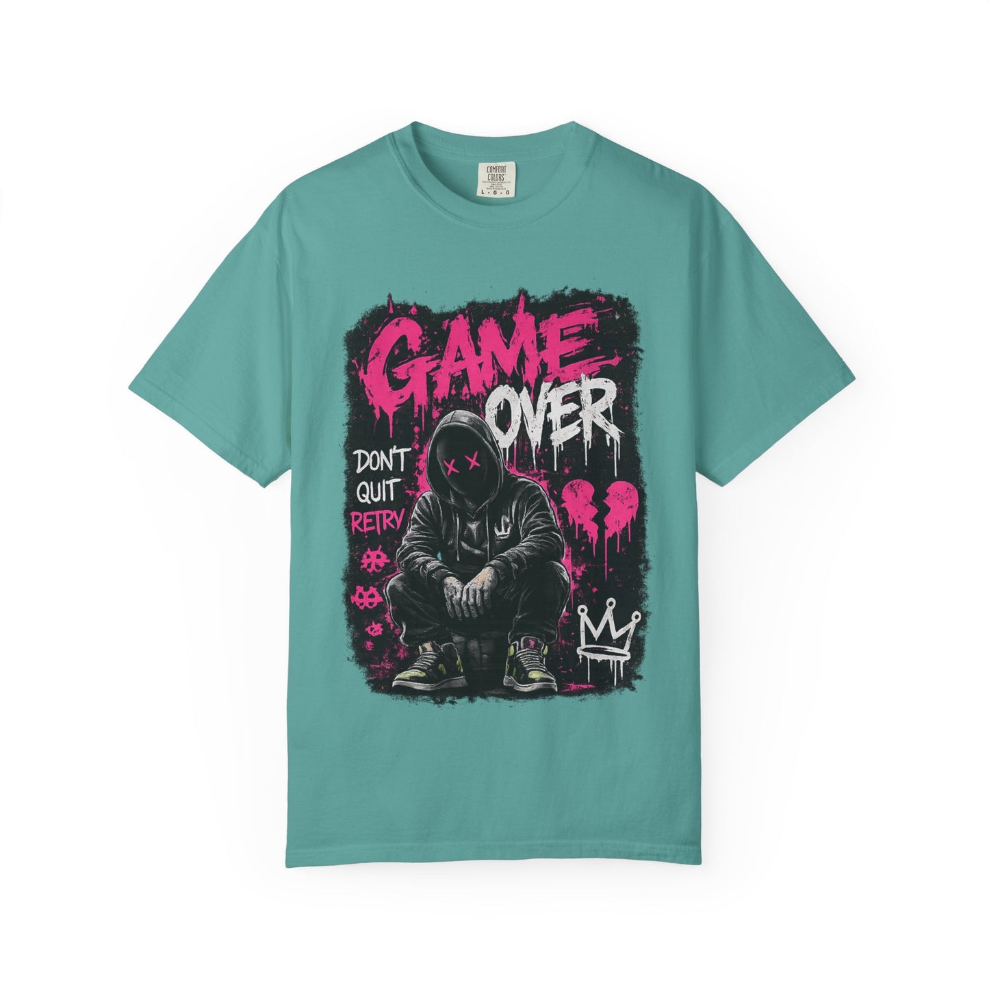 Game Over Graphic T-Shirt — Urban Streetwear Tee with Hooded Figure & 'Don't Quit, Retry' Design