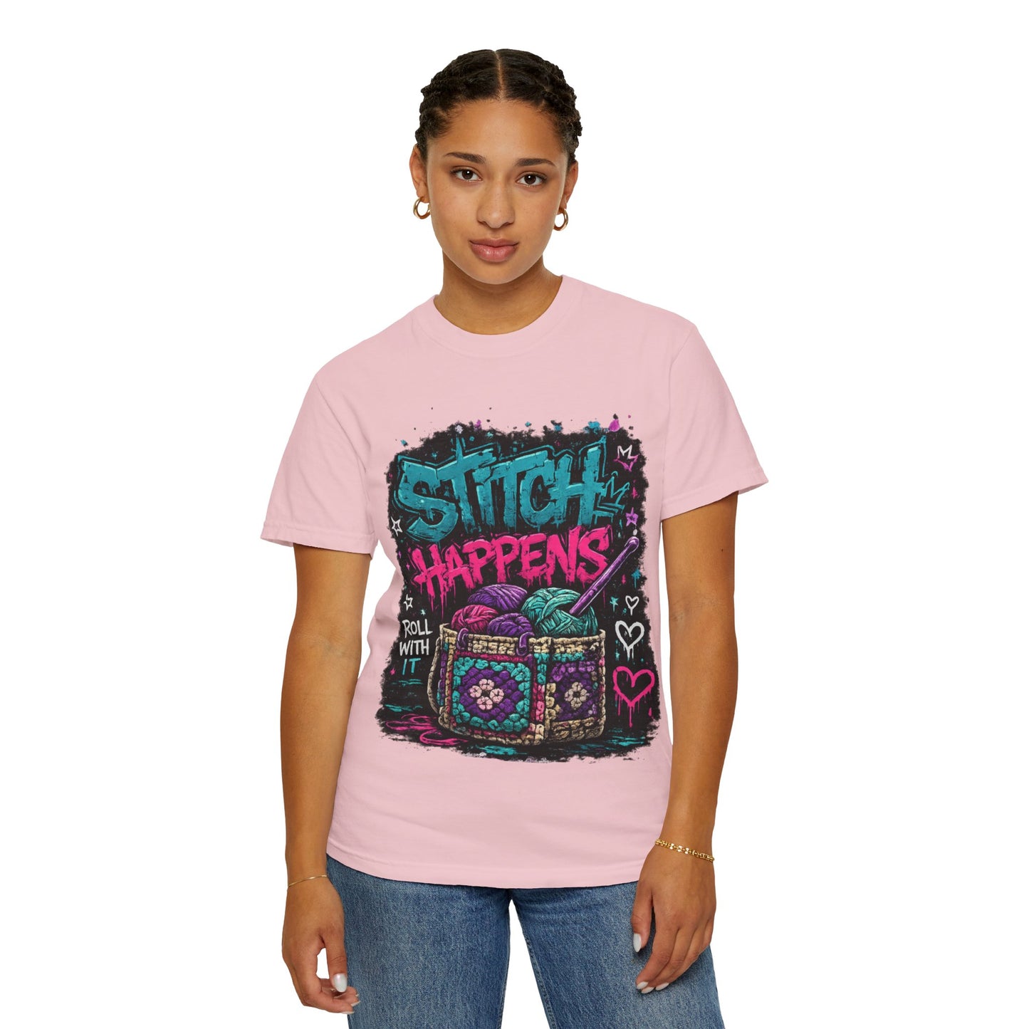 Stitch Happens T‑Shirt — Funny Knitting Crochet Tee (Roll With It)