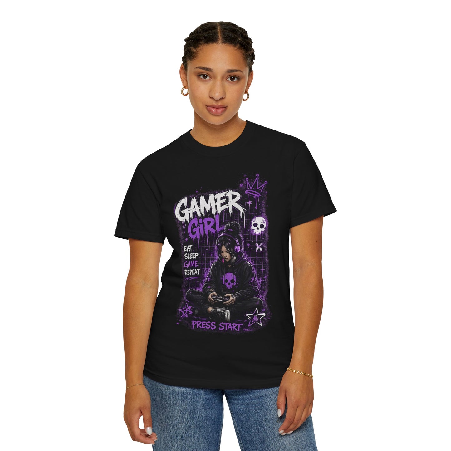 Gamer Girl T-Shirt — Retro Purple Gaming Graphic Tee ("Eat Sleep Game Repeat")