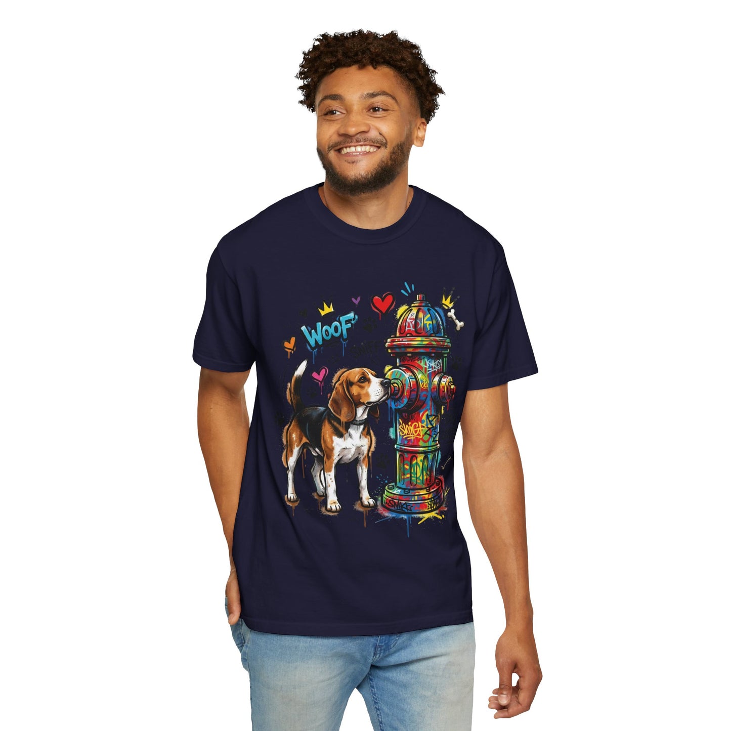 Beagle Dog Lover T-Shirt — Colorful Hydrant & 'Woof Sniff' Graphic