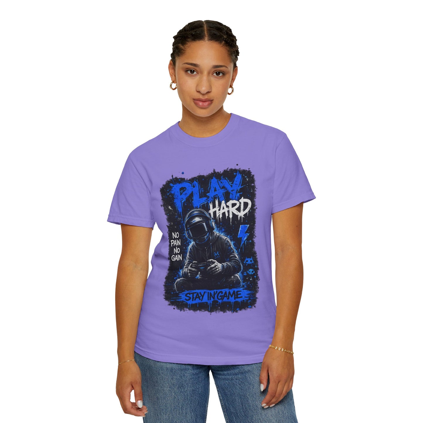 Play Hard Gamer Graphic T-Shirt — "No Pain No Gain" Hooded Player Design