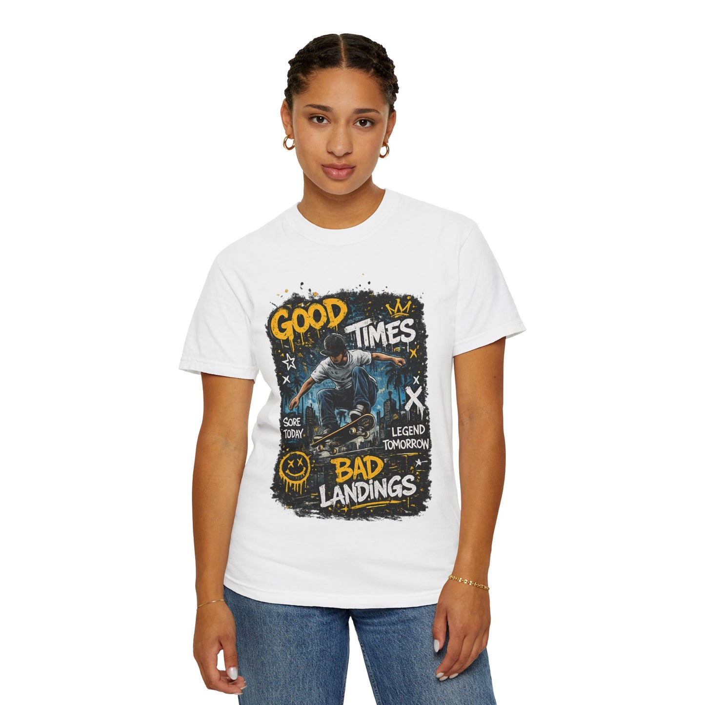 Skateboard T-Shirt — "Good Times, Bad Landings" Graphic Tee