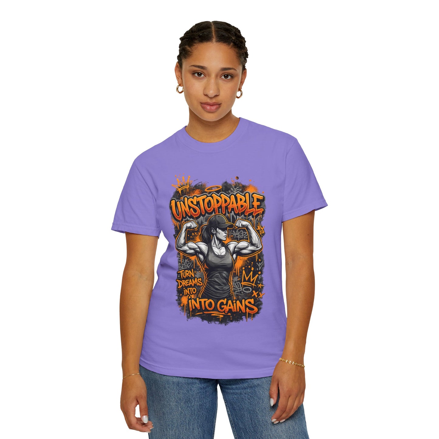 Unstoppable Musclewoman Graphic Tee | Turn Dreams Into Gains T-shirt