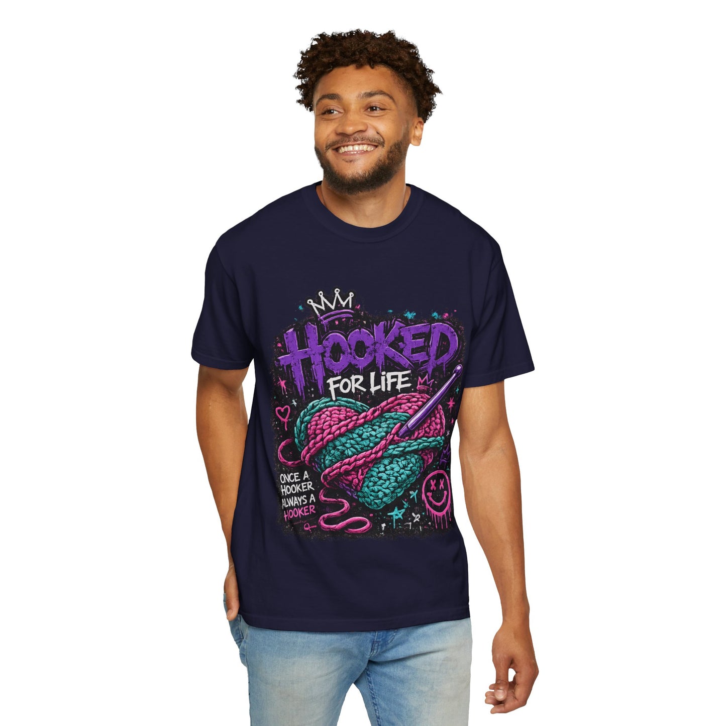 Hooked For Life Knitting T-Shirt — "Hooked for Life" Yarn & Crochet Graphic Tee