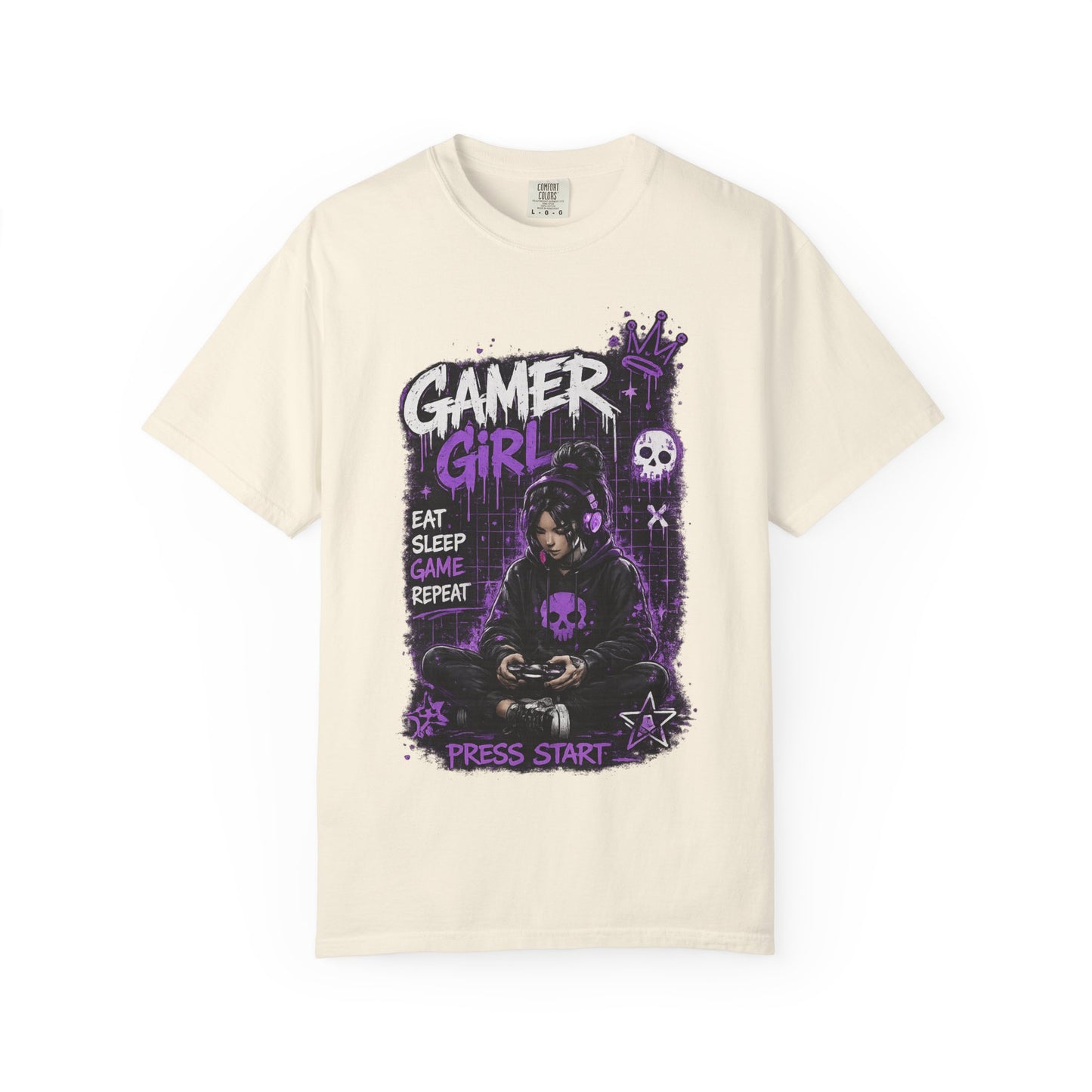Gamer Girl T-Shirt — Retro Purple Gaming Graphic Tee ("Eat Sleep Game Repeat")