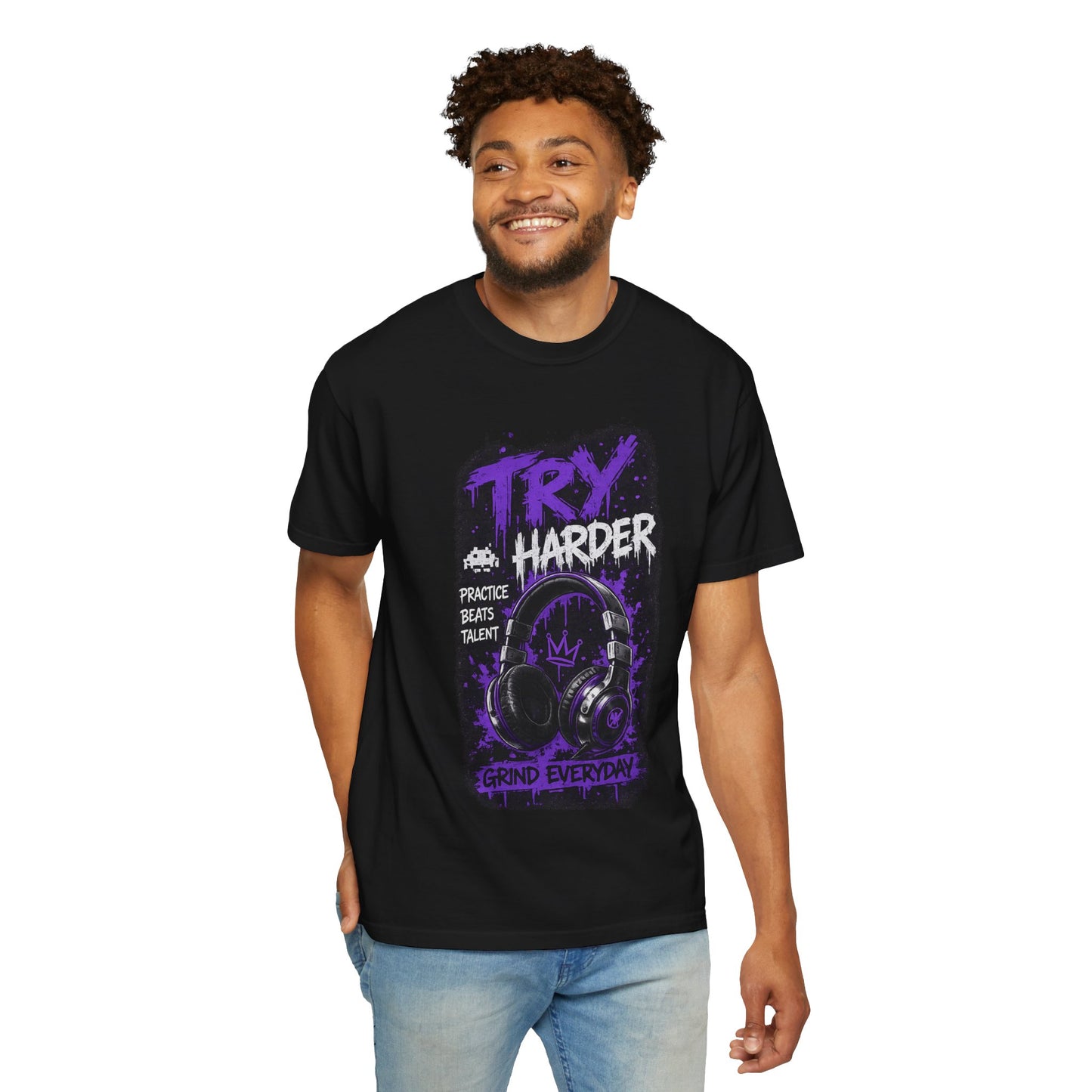 Try Harder Graphic T-Shirt — 'Try Harder' Headphones Motivational Tee