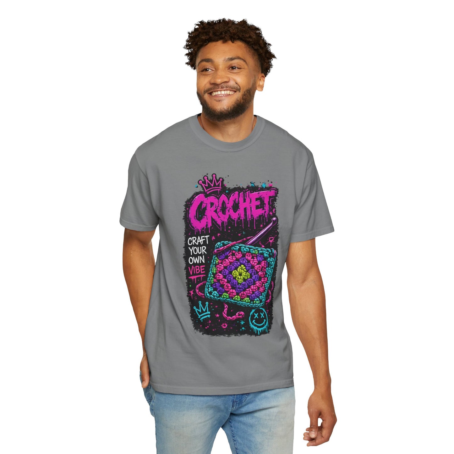 Crochet Vibes Graphic T-Shirt — "Craft Your Own Vibe" Retro Neon Crochet Design