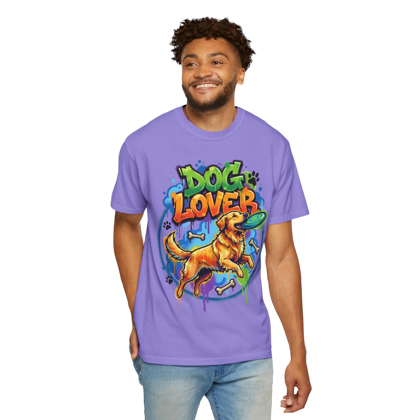 Dog Lover T-Shirt — Colorful Golden Retriever Frisbee Graphic Tee