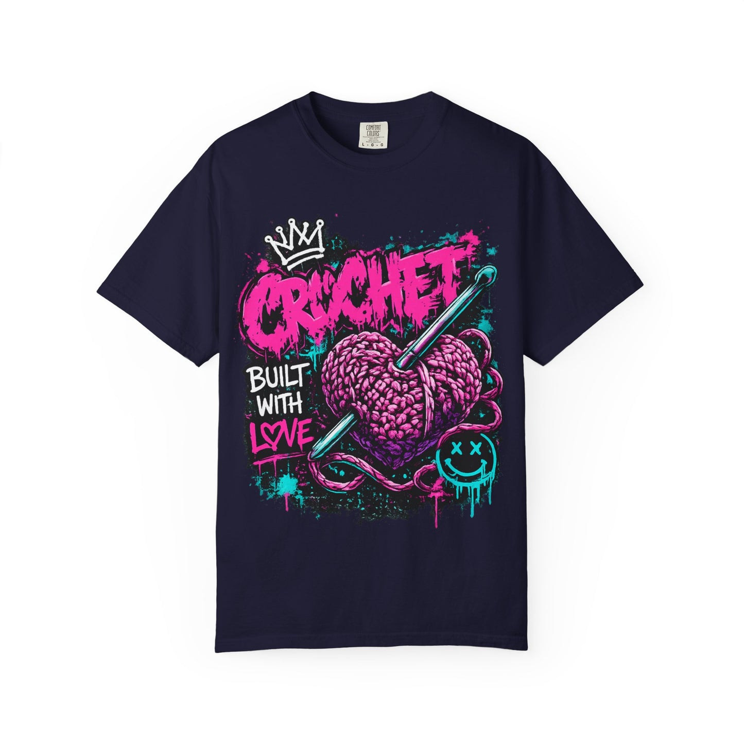 Crochet Built With Love T-Shirt — Retro Graffiti Heart Crochet Tee