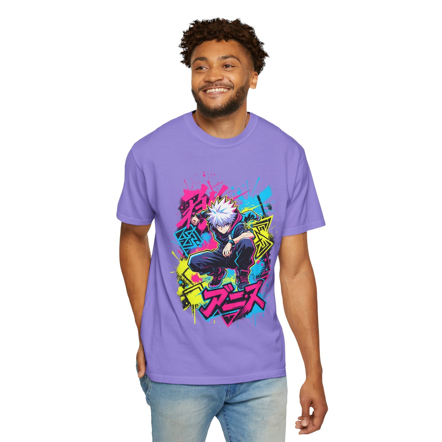 Anime Graphic T-Shirt — Vibrant Neon Jujutsu Kaisen Style Design