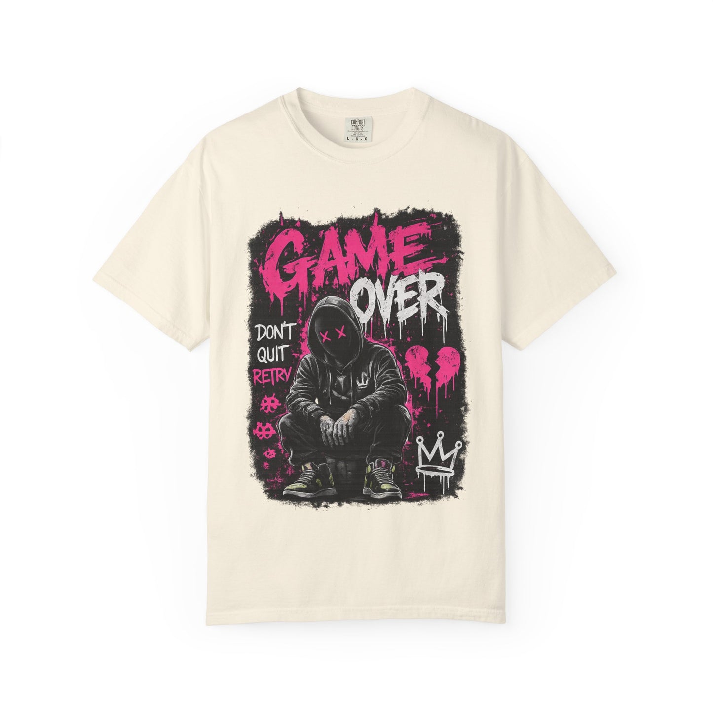Game Over Graphic T-Shirt — Urban Streetwear Tee with Hooded Figure & 'Don't Quit, Retry' Design