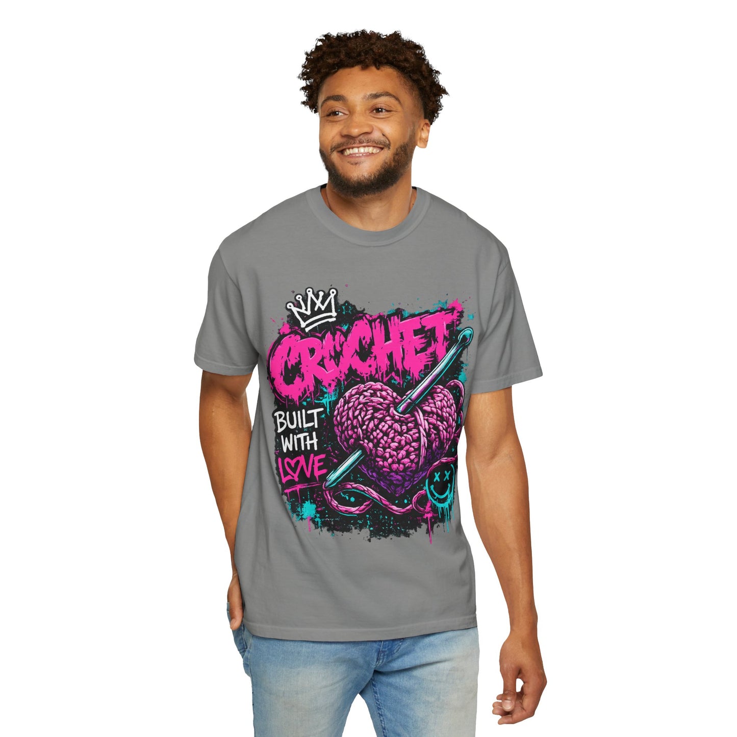 Crochet Built With Love T-Shirt — Retro Graffiti Heart Crochet Tee