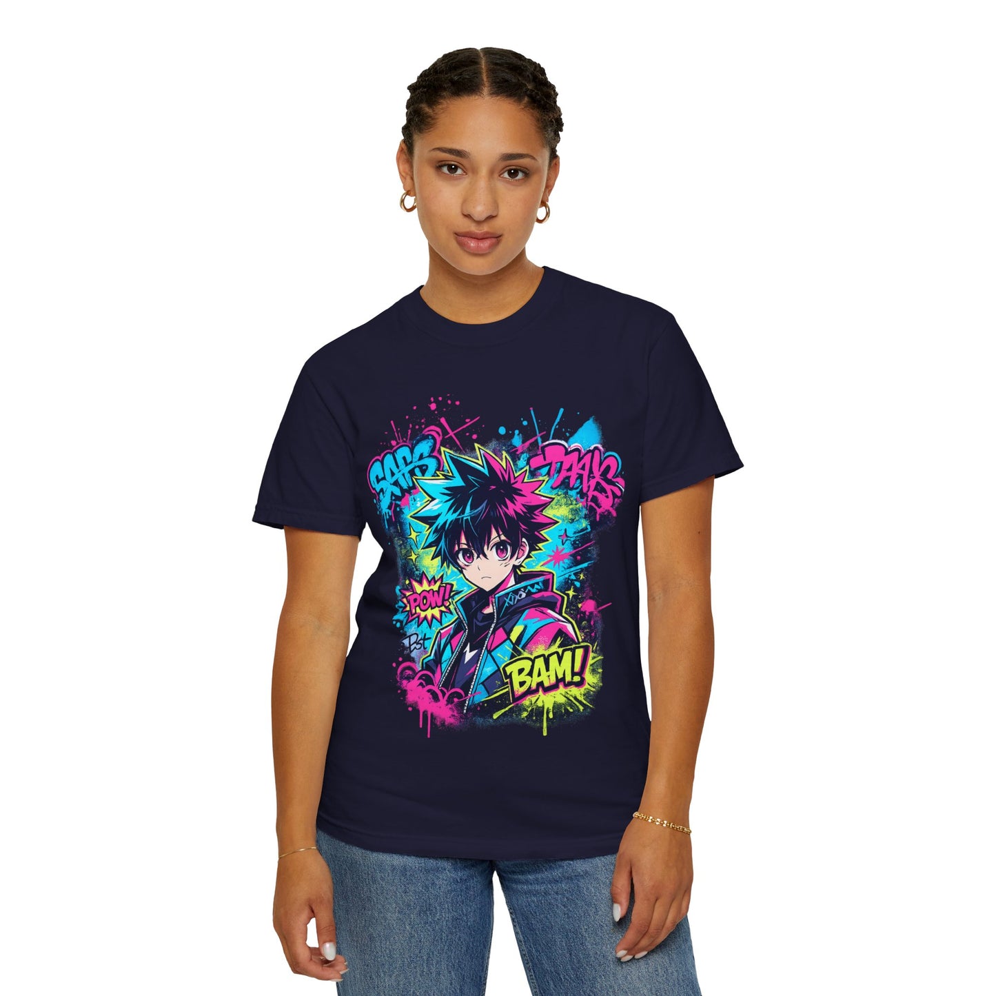 Anime Comic Boy Graphic T-Shirt — Neon Manga "BAM!" Design