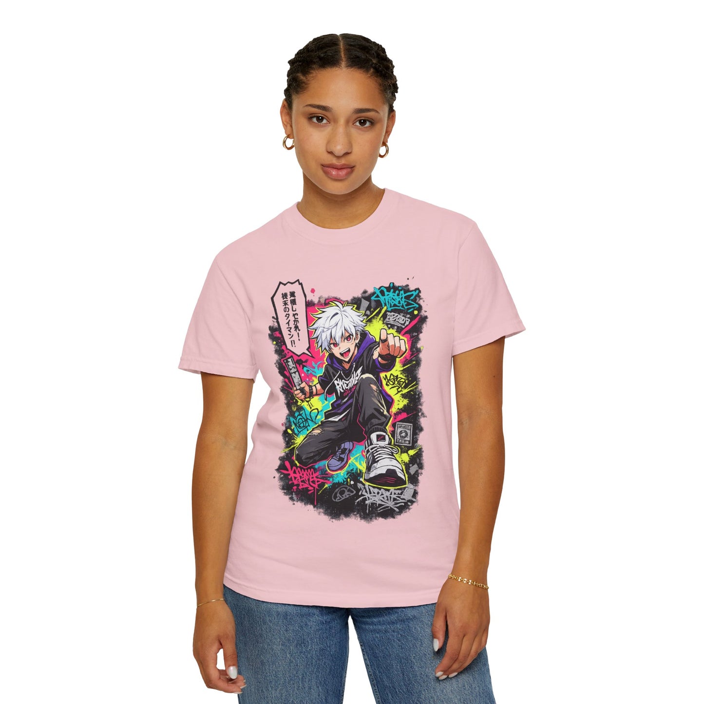 Anime Streetwear T-Shirt — Neon Urban Character Design with Japanese Text