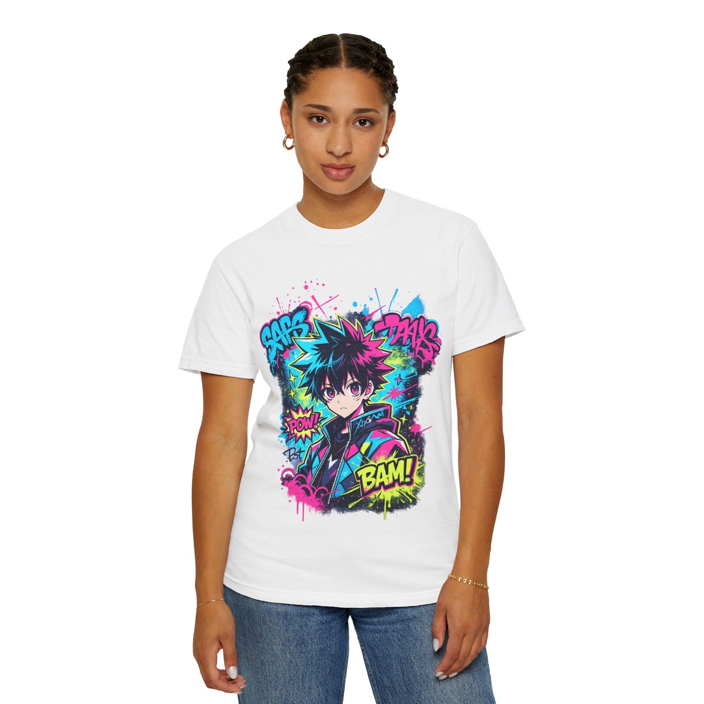 Anime Comic Boy Graphic T-Shirt — Neon Manga "BAM!" Design