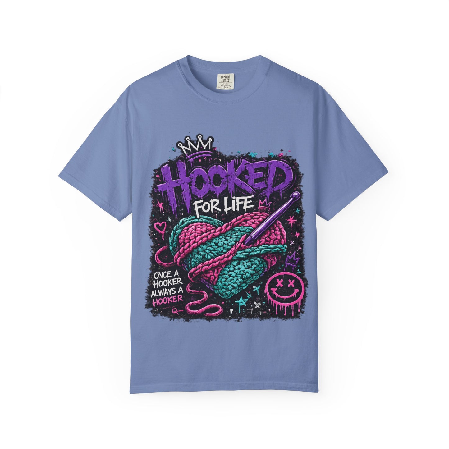 Hooked For Life Knitting T-Shirt — "Hooked for Life" Yarn & Crochet Graphic Tee
