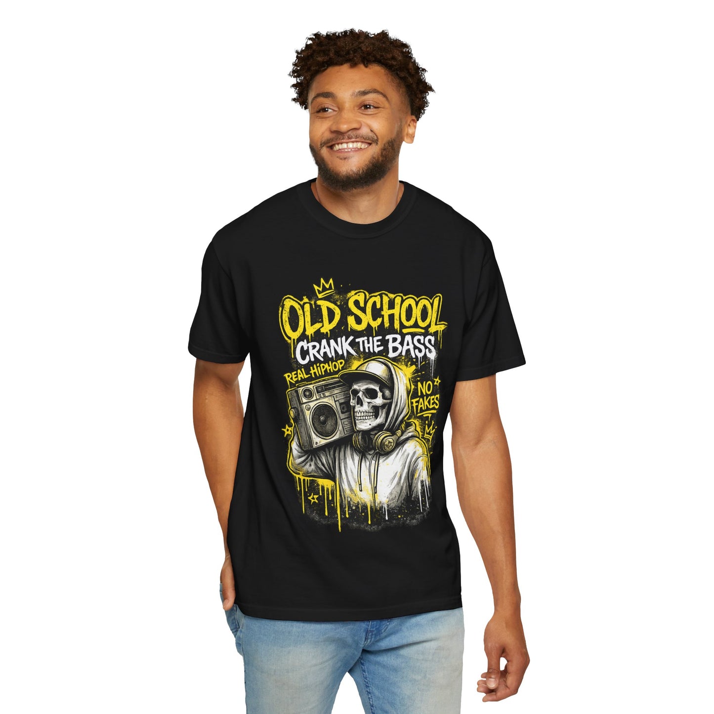 Old School Crank the Bass T-Shirt — Retro Hip Hop Skull Boombox Tee