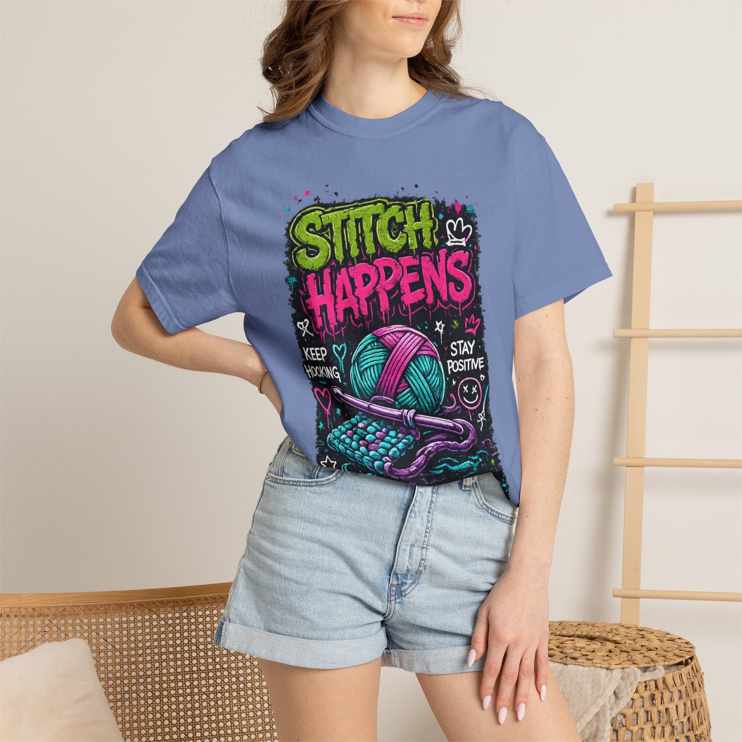 Stitch Happens T-Shirt — Funny Knitting & Crochet Graphic Tee