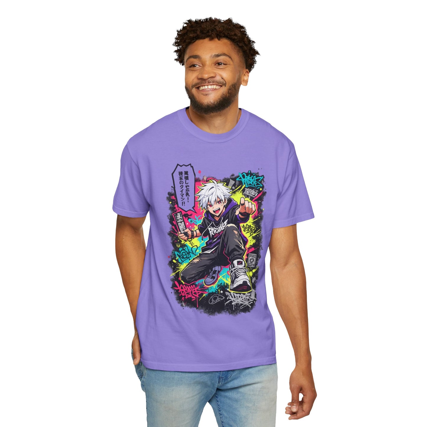 Anime Streetwear T-Shirt — Neon Urban Character Design with Japanese Text