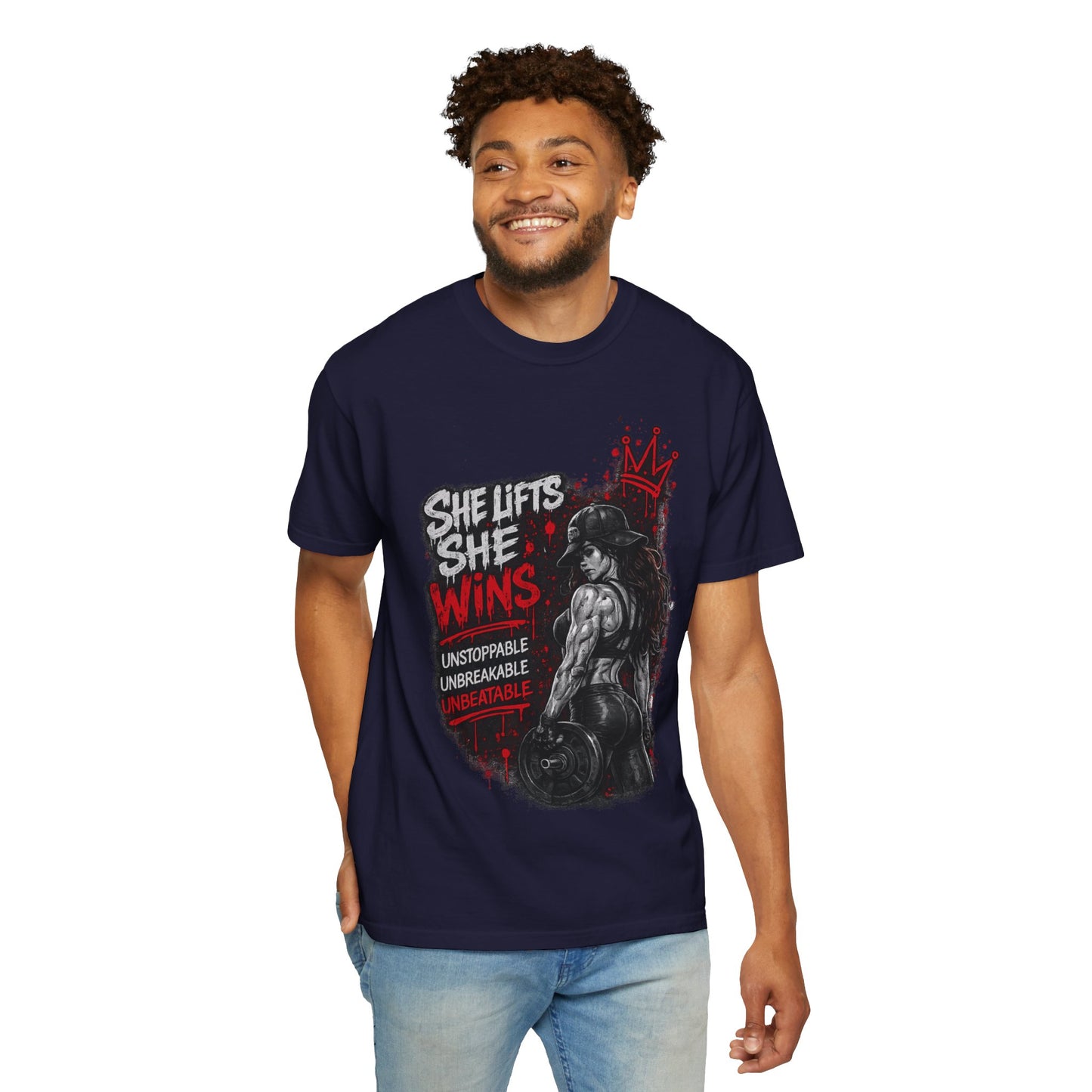 She Lifts She Wins T-Shirt — Women’s Strength Fitness Graphic Tee