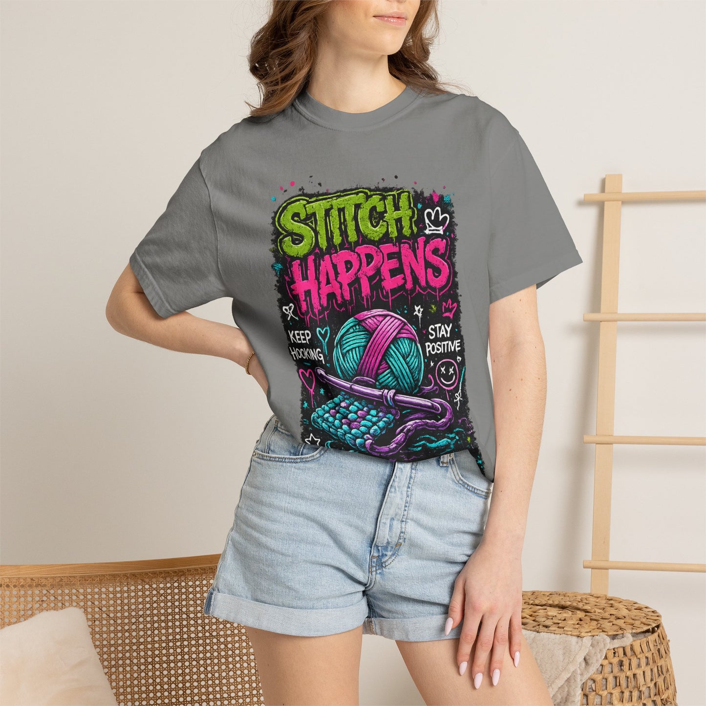 Stitch Happens T-Shirt — Funny Knitting & Crochet Graphic Tee