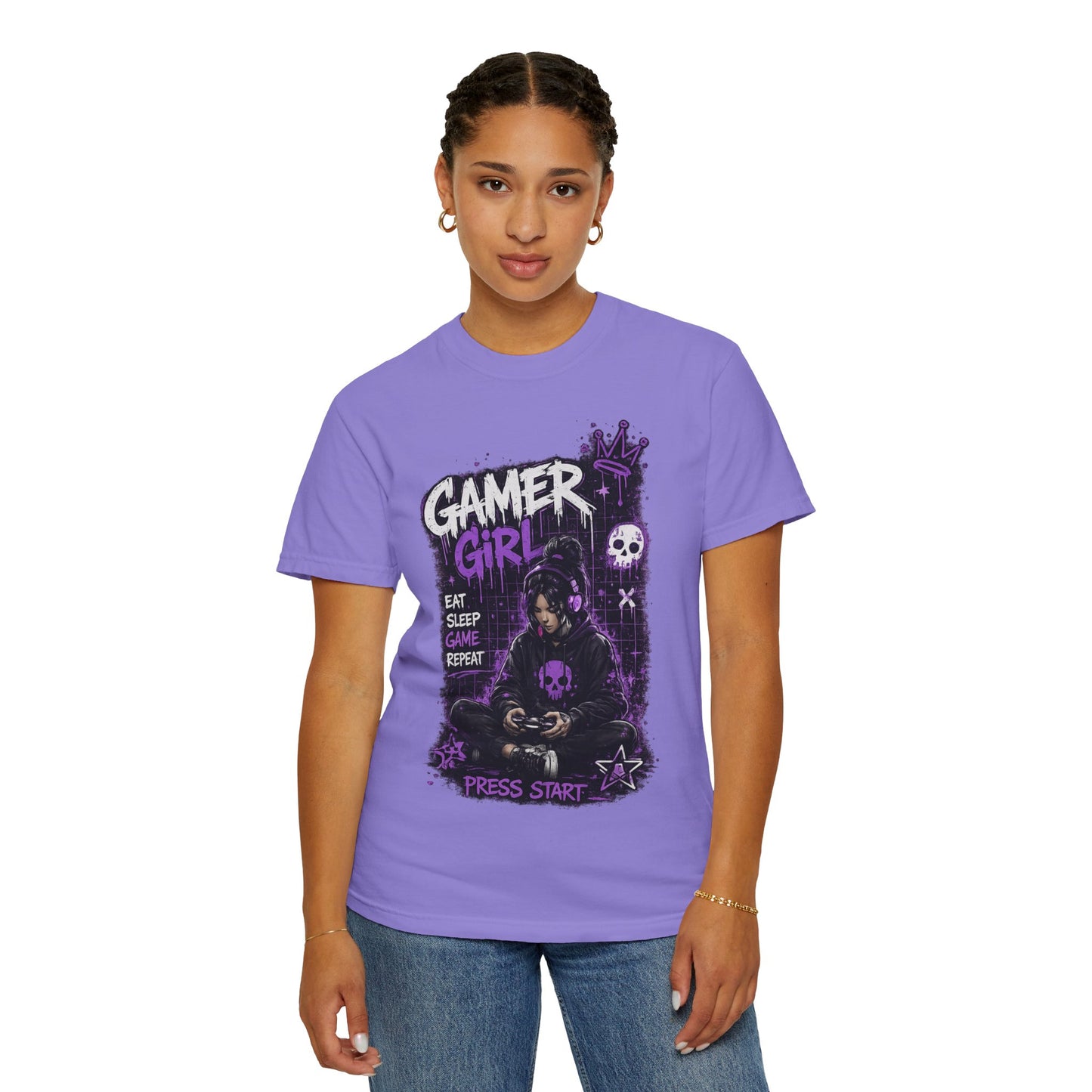Gamer Girl T-Shirt — Retro Purple Gaming Graphic Tee ("Eat Sleep Game Repeat")