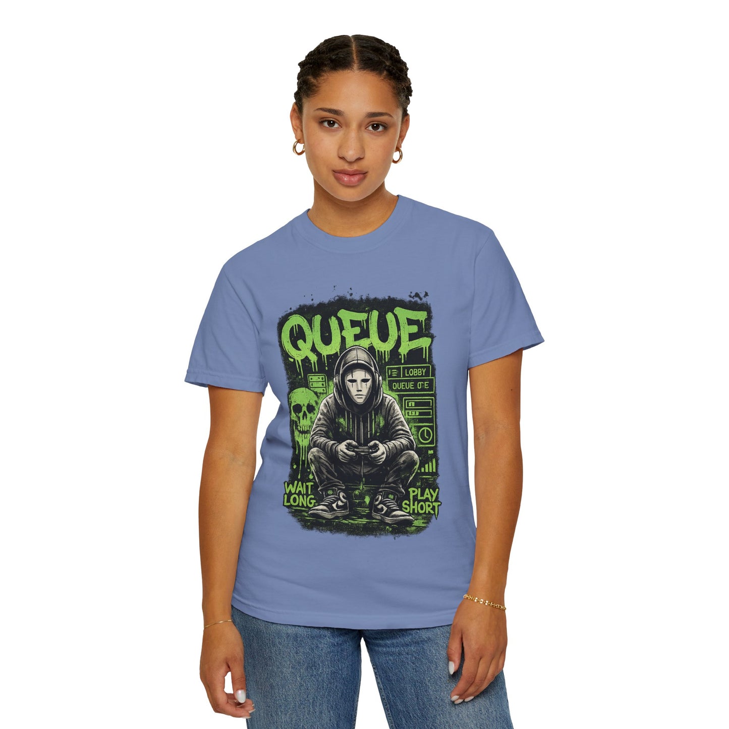 Queue Gamer Hoodie T-Shirt | Waiting Player Graphic Tee, Neon Green Skull Art