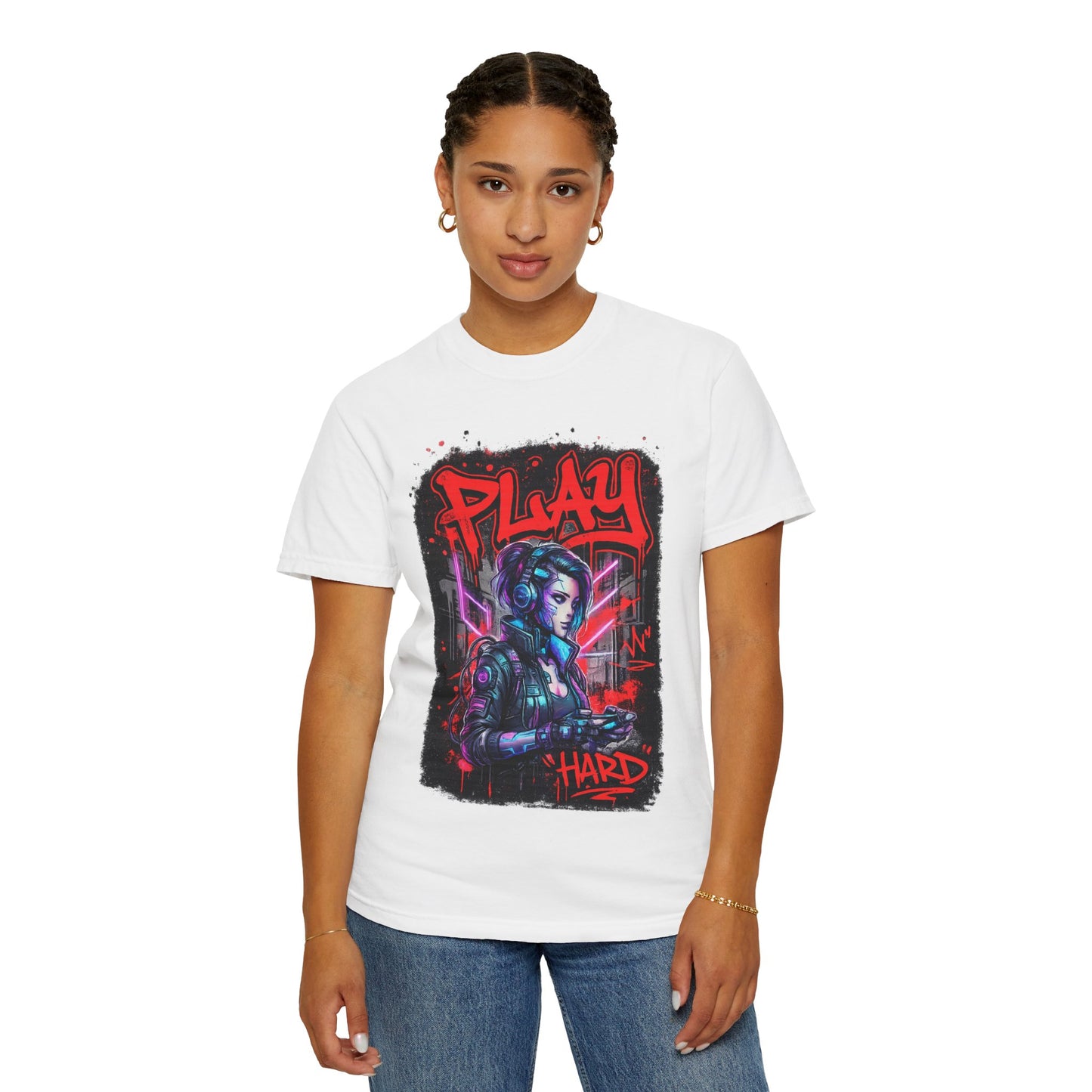 Play Hard Gamer T-Shirt — Neon Cyberpunk Video Game Tee
