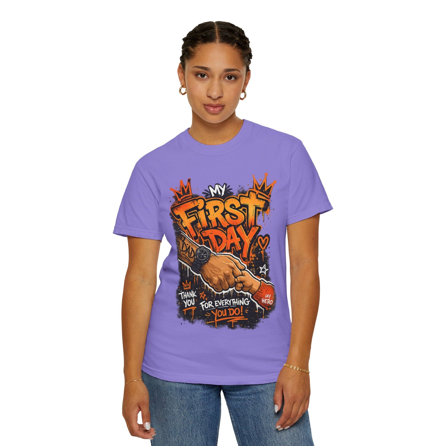 My First Day graphic T-shirt | Thank You Dad, hand shake illustration