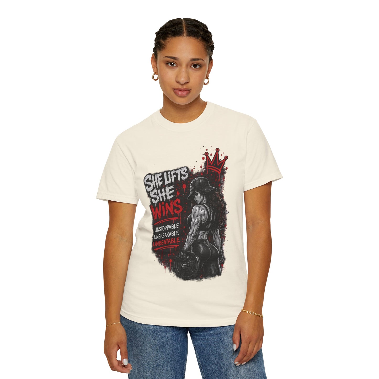 She Lifts She Wins T-Shirt — Women’s Strength Fitness Graphic Tee